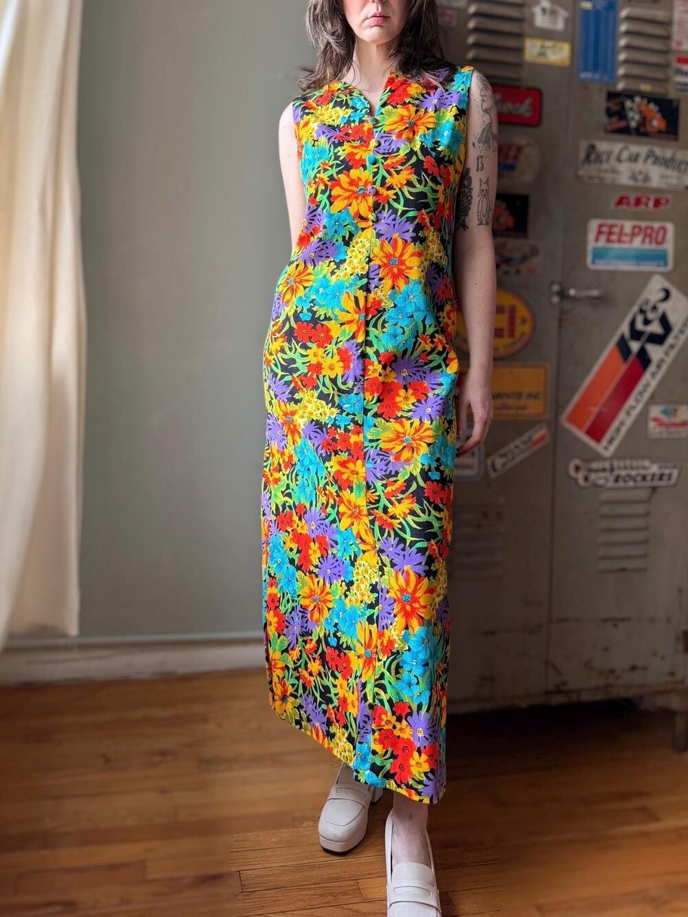 Vintage 60s Floral Maxi Dress | Psychedelic Floral Print Sleeveless | Size S/M